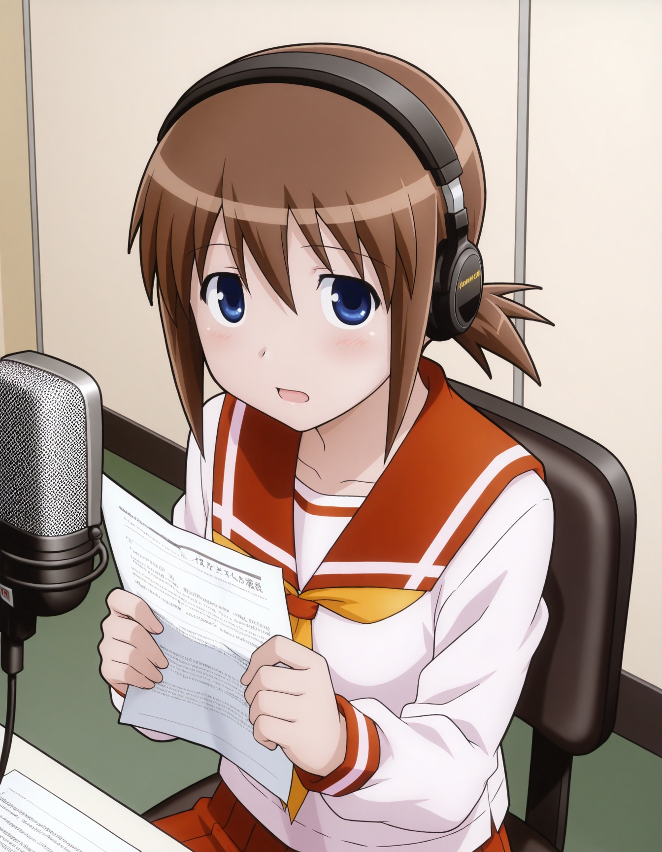 00233-2421540566-1girl, kanna aoyagi, blue eyes, brown hair, serafuku, sitting, headphones, with microphone, sound record, expression, holding sh.jpg